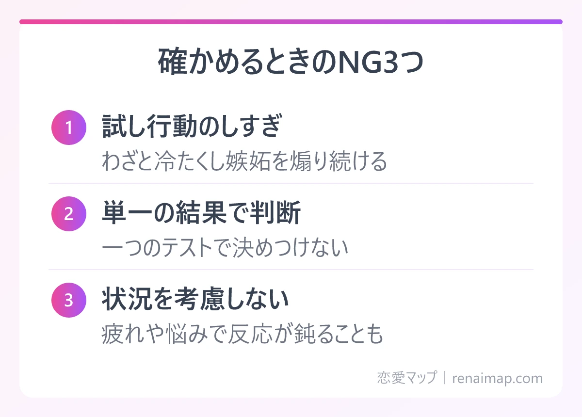 確かめるときのNG3つ(試し行動のしすぎ、単一の結果で判断、状況を考慮しない)の図解