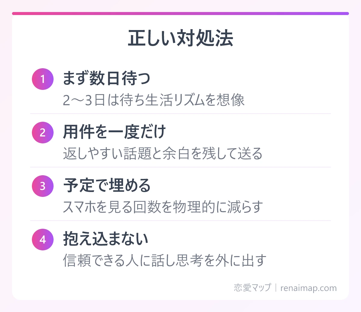 正しい対処法(まず数日待つ、用件を一度だけ、予定で埋める、抱え込まない)の図解