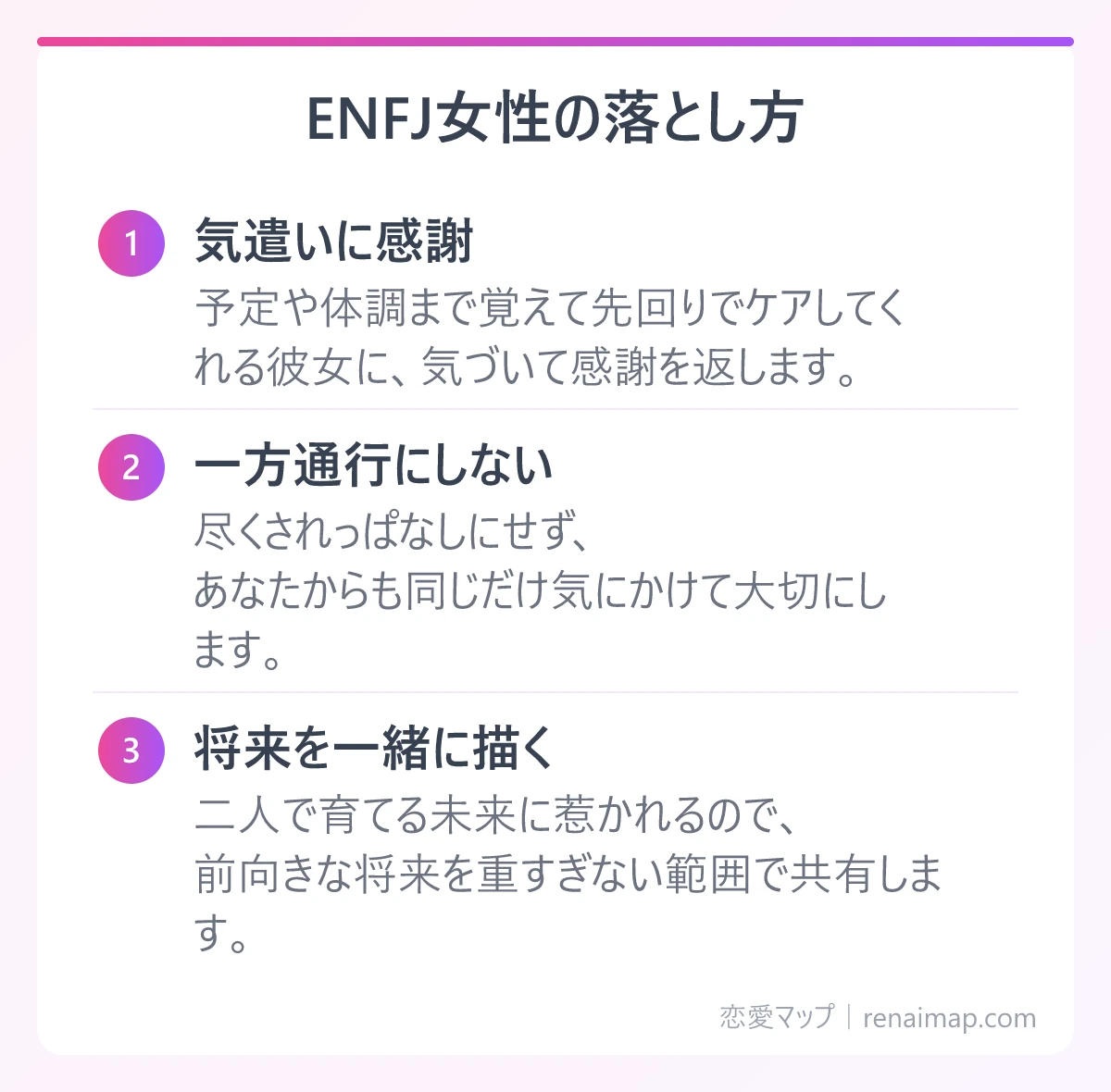 ENFJ女性の落とし方（気遣いに感謝、一方通行にしない、将来を一緒に描く）の図解