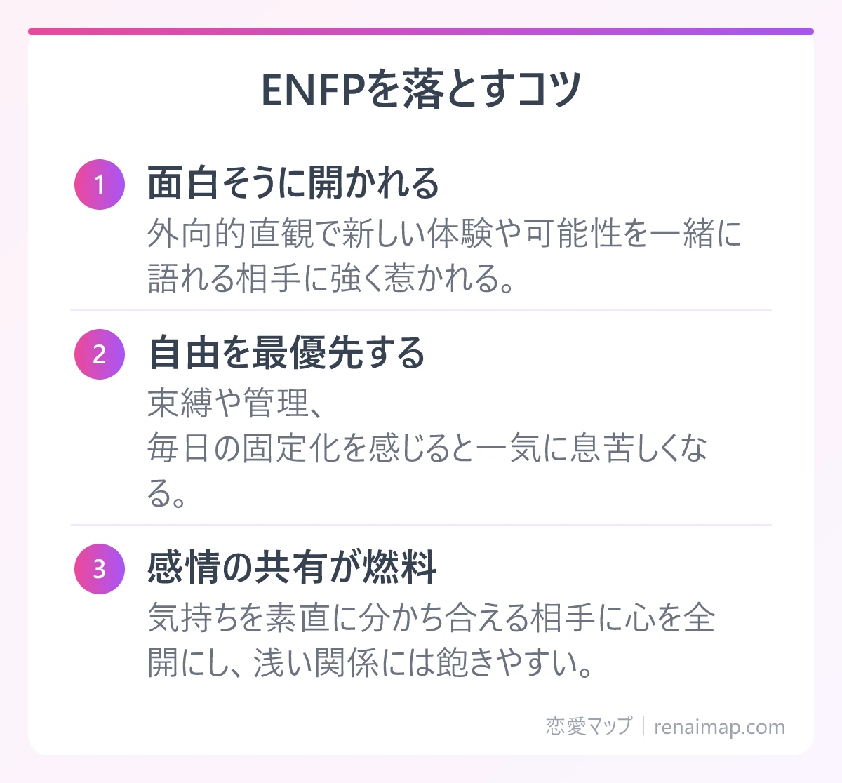 ENFPを落とすコツ(面白そうに開かれる、自由を最優先する、感情の共有が燃料)の図解