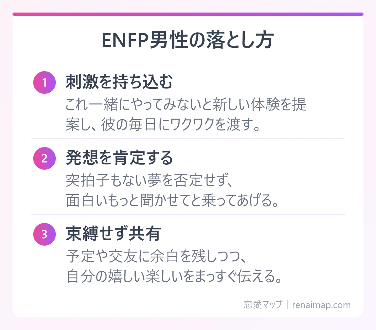 ENFP男性の落とし方(刺激を持ち込む、発想を肯定する、束縛せず共有)の図解