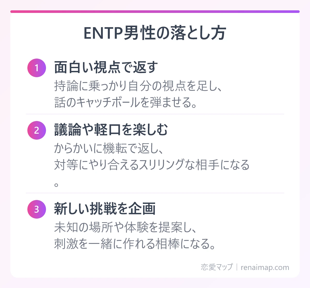 ENTP男性の落とし方(面白い視点で返す、議論や軽口を楽しむ、新しい挑戦を企画)の図解