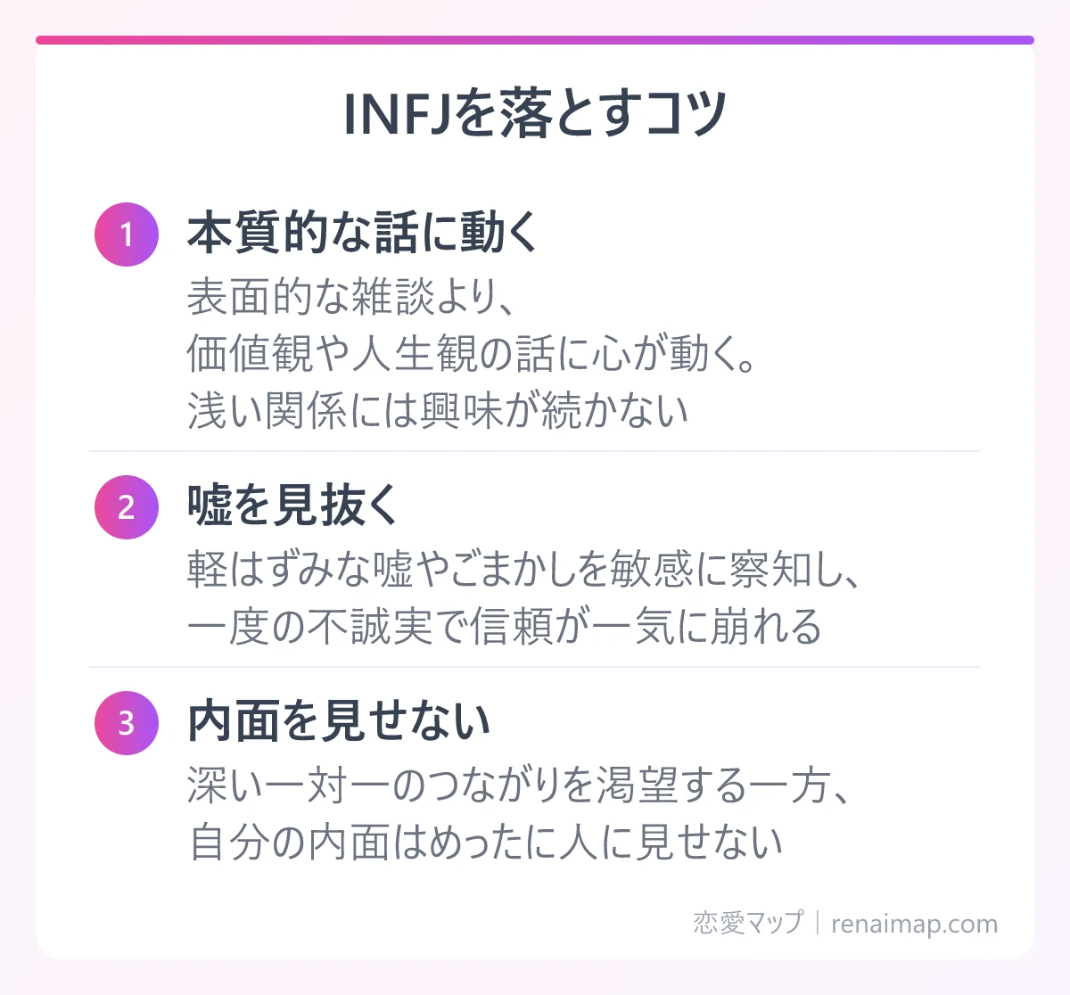 INFJを落とすコツ(本質的な話に動く、嘘を見抜く、内面を見せない)の図解