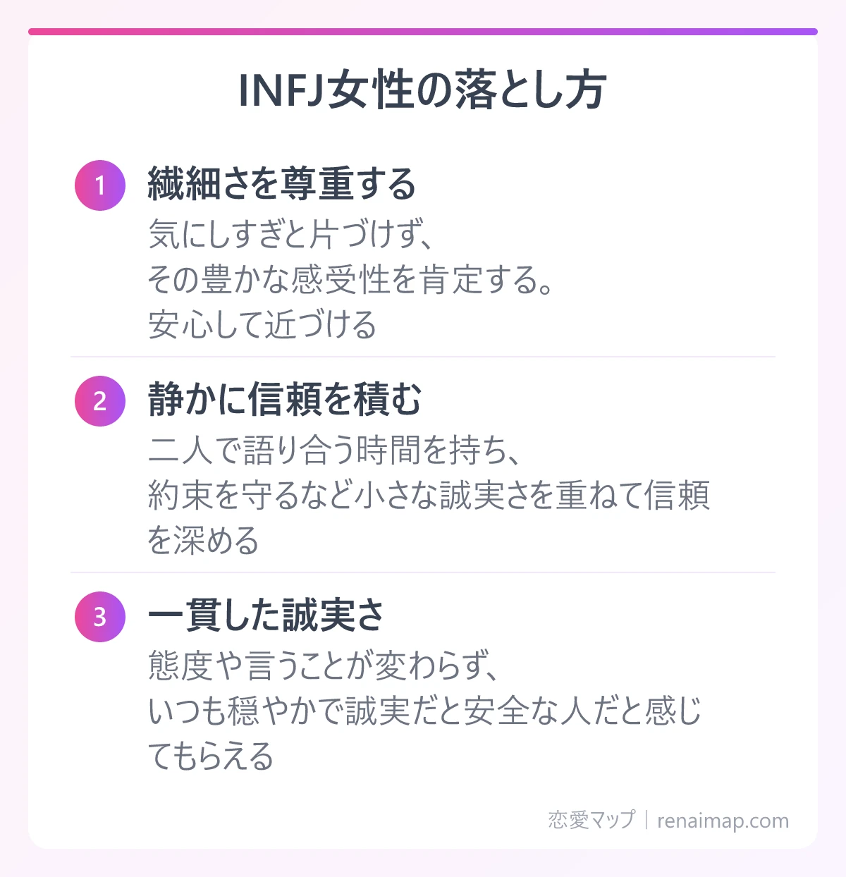 INFJ女性の落とし方(繊細さを尊重する、静かに信頼を積む、一貫した誠実さ)の図解