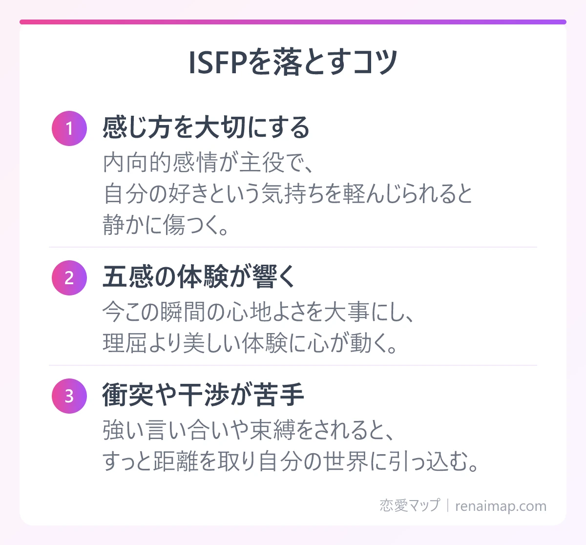 ISFPを落とすコツ(感じ方を大切にする、五感の体験が響く、衝突や干渉が苦手)の図解