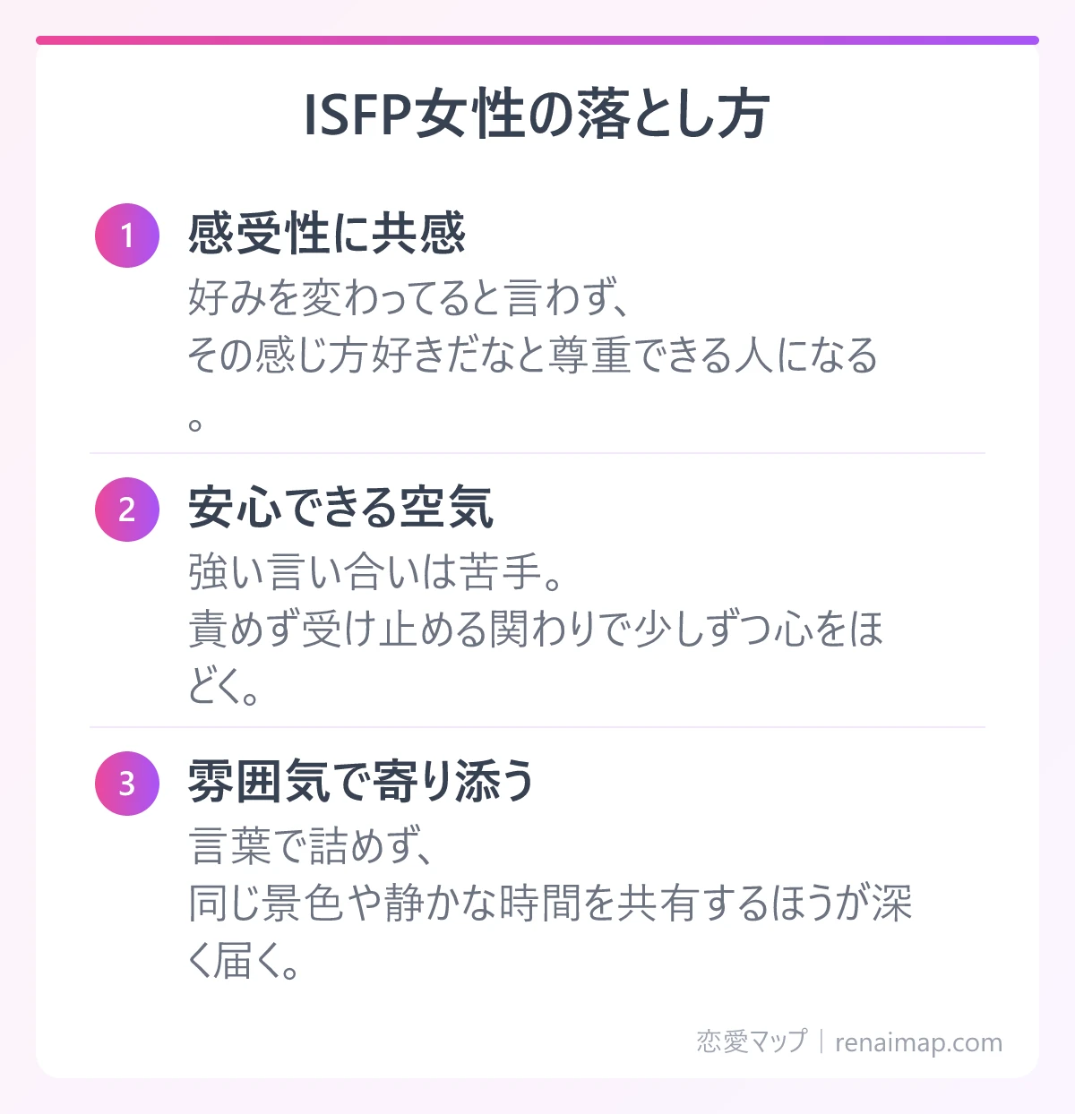 ISFP女性の落とし方(感受性に共感、安心できる空気、雰囲気で寄り添う)の図解