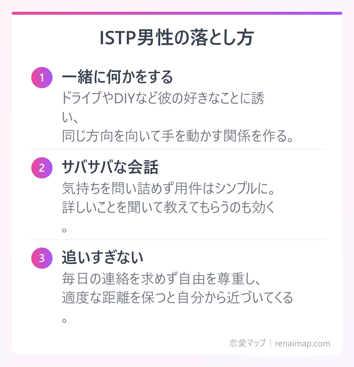 ISTP男性の落とし方（一緒に何かをする、サバサバな会話、追いすぎない）の図解
