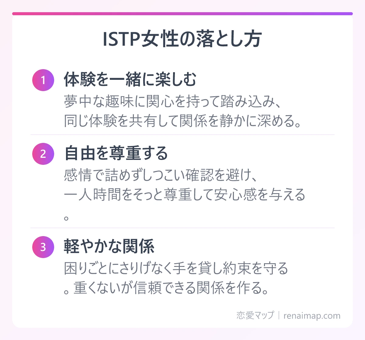 ISTP女性の落とし方（体験を一緒に楽しむ、自由を尊重する、軽やかな関係）の図解