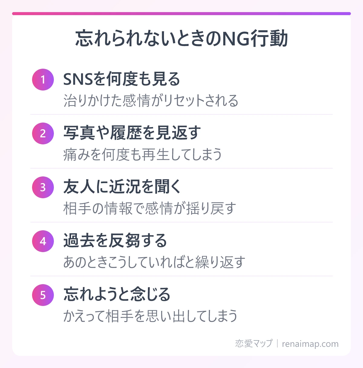 忘れられないときのNG行動（SNSを何度も見る、写真や履歴を見返す、友人に近況を聞く、過去を反芻する、忘れようと念じる）の図解