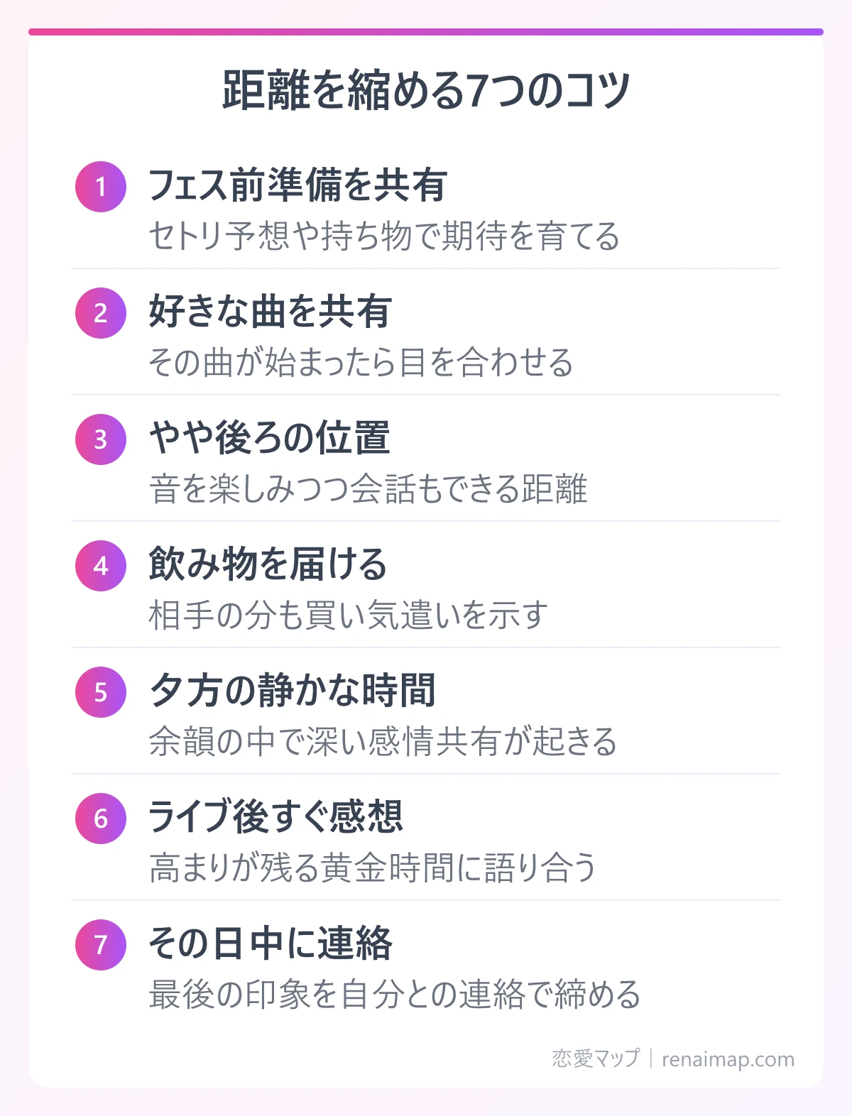 距離を縮める7つのコツ（フェス前準備を共有、好きな曲を共有、やや後ろの位置、飲み物を届ける、夕方の静かな時間、ライブ後すぐ感想、その日中に連絡）の図解