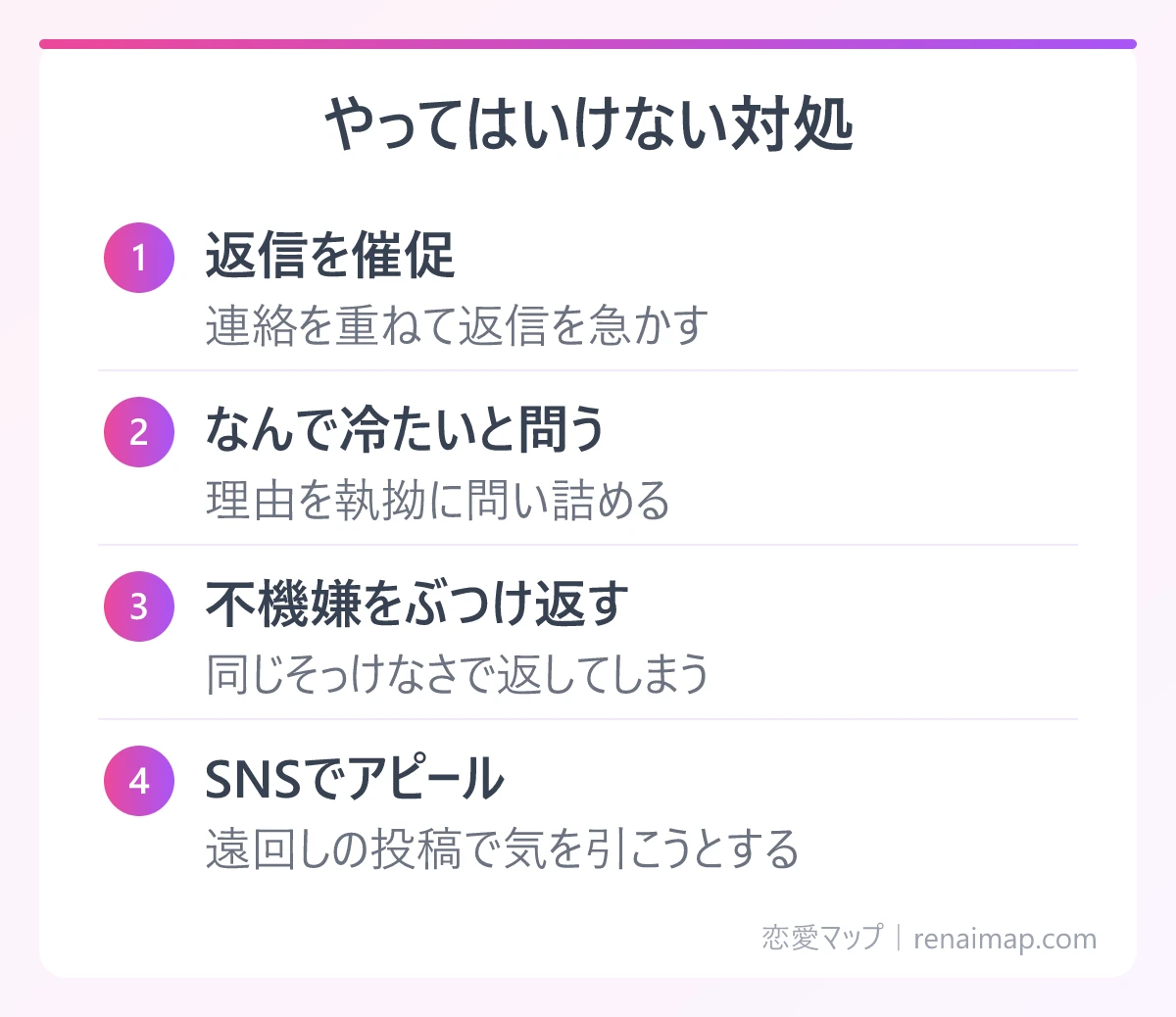 やってはいけない対処（返信を催促、なんで冷たいと問う、不機嫌をぶつけ返す、SNSでアピール）の図解