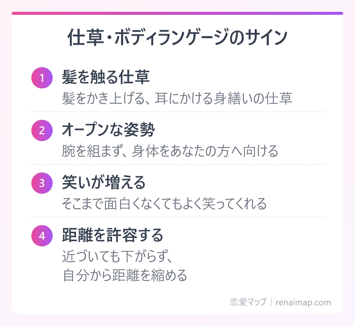 仕草・ボディランゲージのサイン(髪を触る仕草、オープンな姿勢、笑いが増える、距離を許容する)の図解