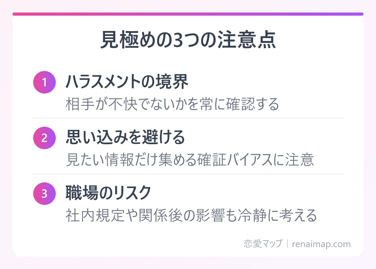 見極めの3つの注意点（ハラスメントの境界、思い込みを避ける、職場のリスク）の図解